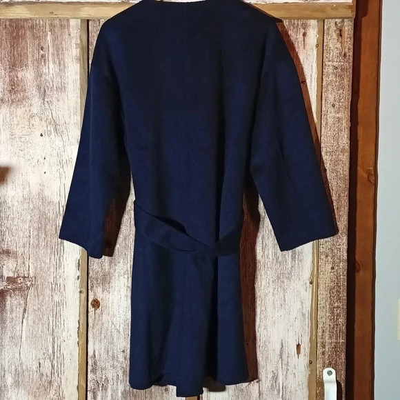Wool blend Isaac Mirzah Live coat navy snap buttons self tie  belt nwot large - Picture 7 of 13